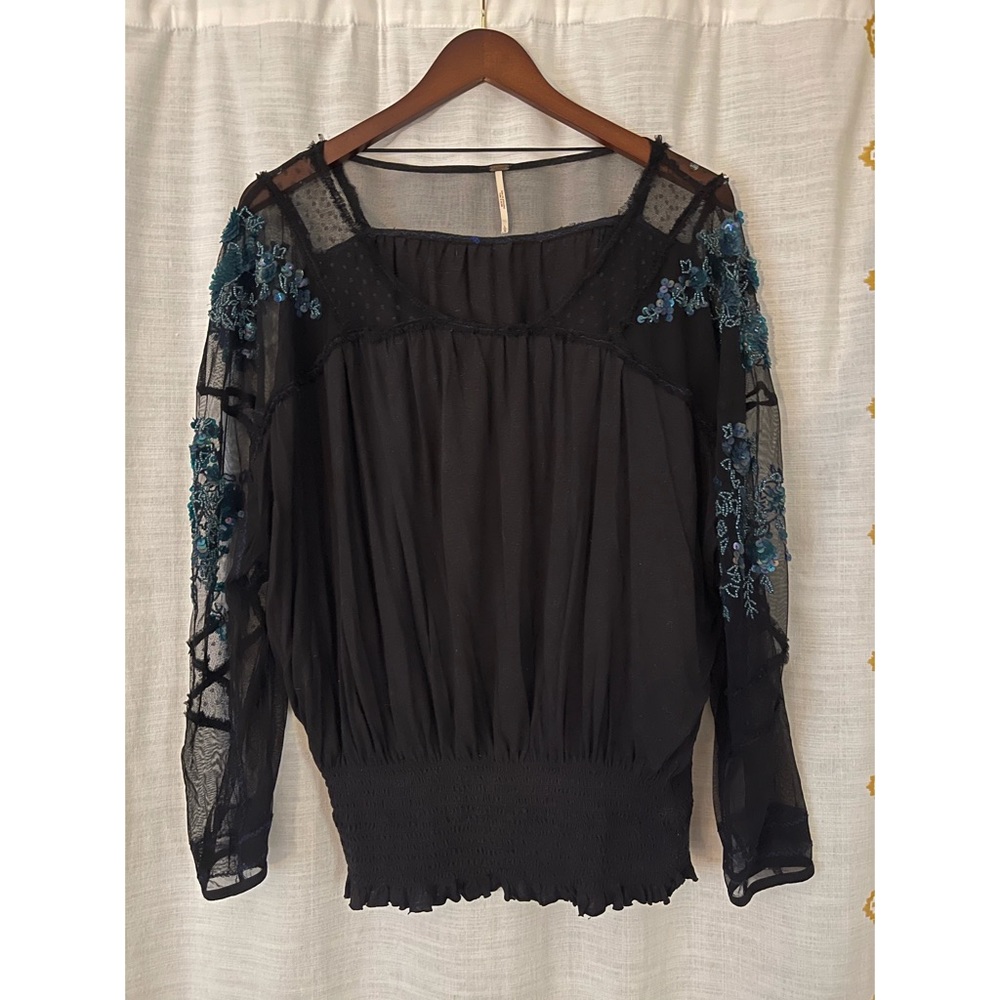Free People cinch waist top with beaded sleeves